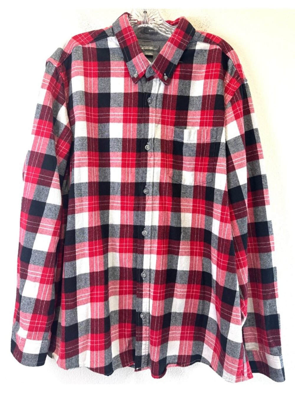 Eddie Bauer Mens Red/Black Plaid Flannel Button-Up Shirt 2XL Soft Cotton Hiking